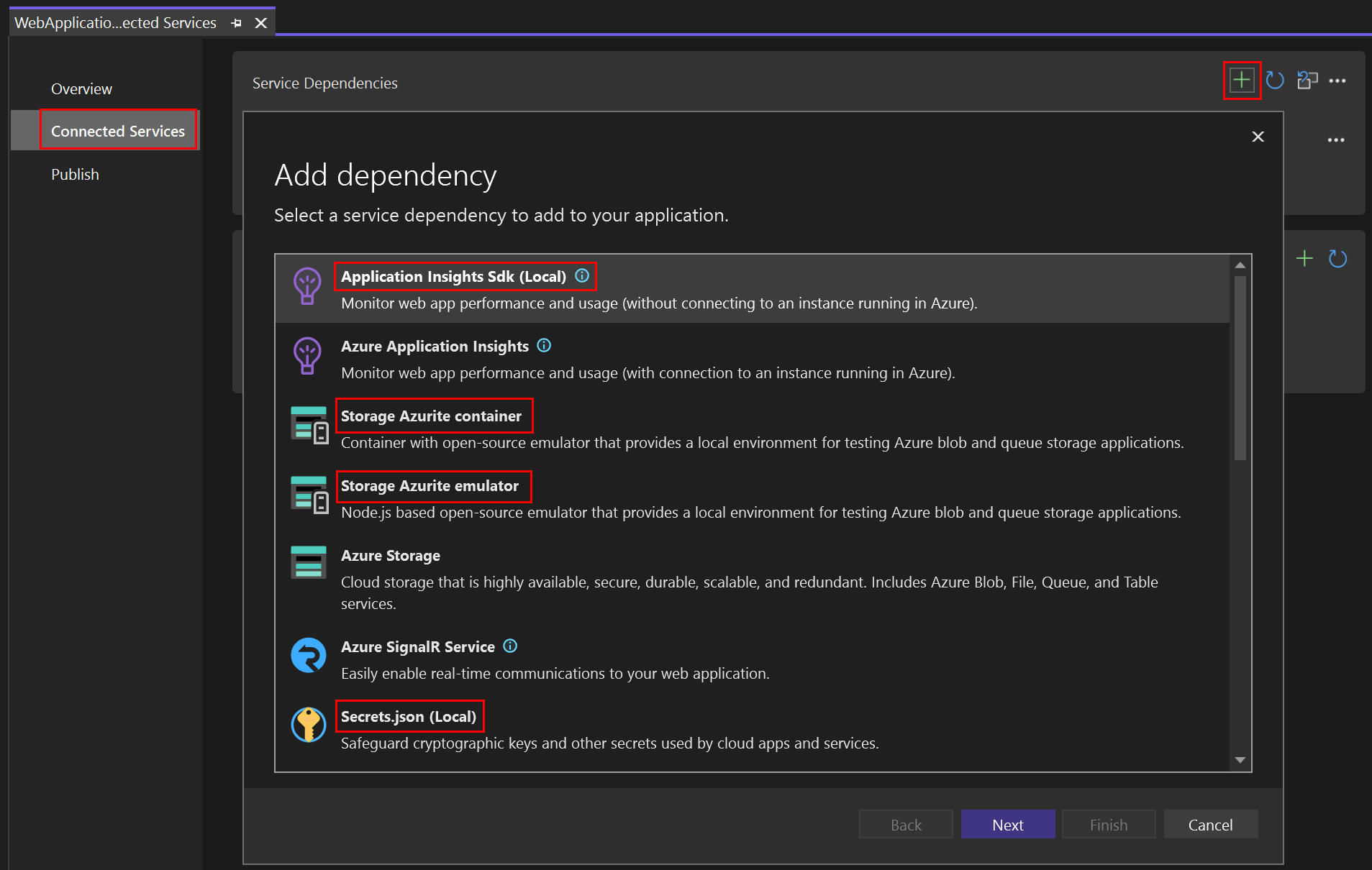 Zrzut ekranu przedstawiający lokalne emulatory platformy Azure.