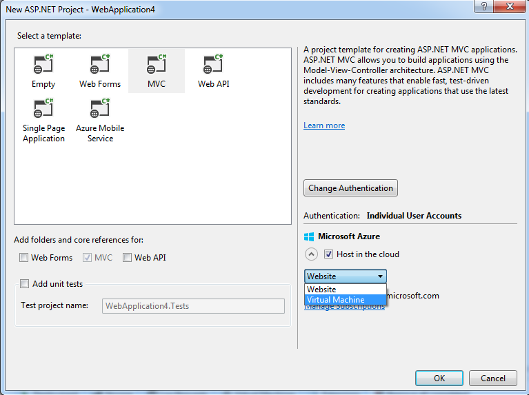 Okno dialogowe Tworzenie projektu internetowego ASP.NET