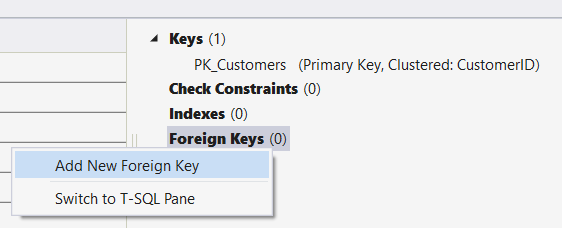 Dodawanie klucza obcego w Projektant tabeli w programie Visual Studio
