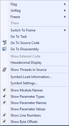Shortcut menu in Parallel Stacks window