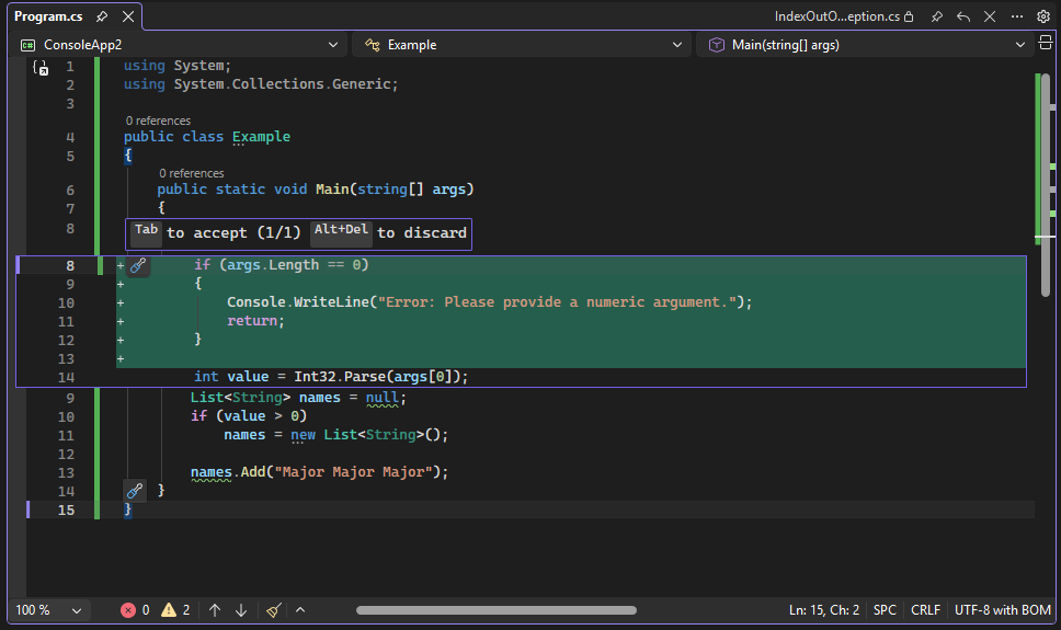 Zrzut ekranu podglądu kodu w Visual Studio.