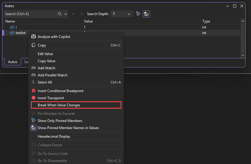 Zrzut ekranu przedstawiający polecenie Przerwanie przy zmianie wartości.