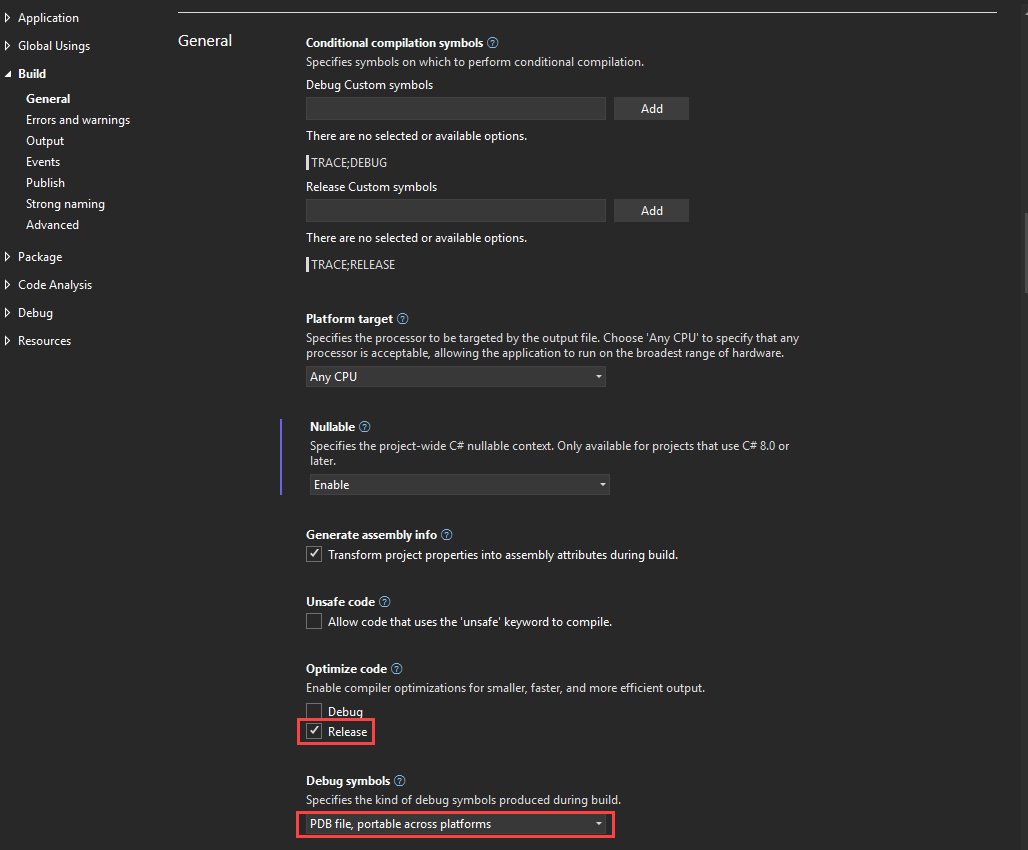 Zrzut ekranu przedstawiający stronę właściwości kompilacji.