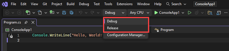 Zrzut ekranu przedstawiający konfiguracje kompilacji na pasku narzędzi.