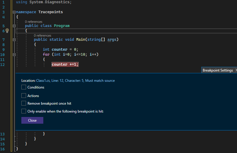 Zrzut ekranu przedstawiający okno punktu przerwania.