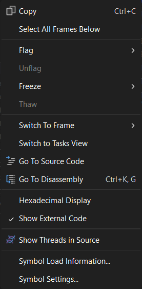 Screenshot of Shortcut menu in Parallel Stacks window 2022.