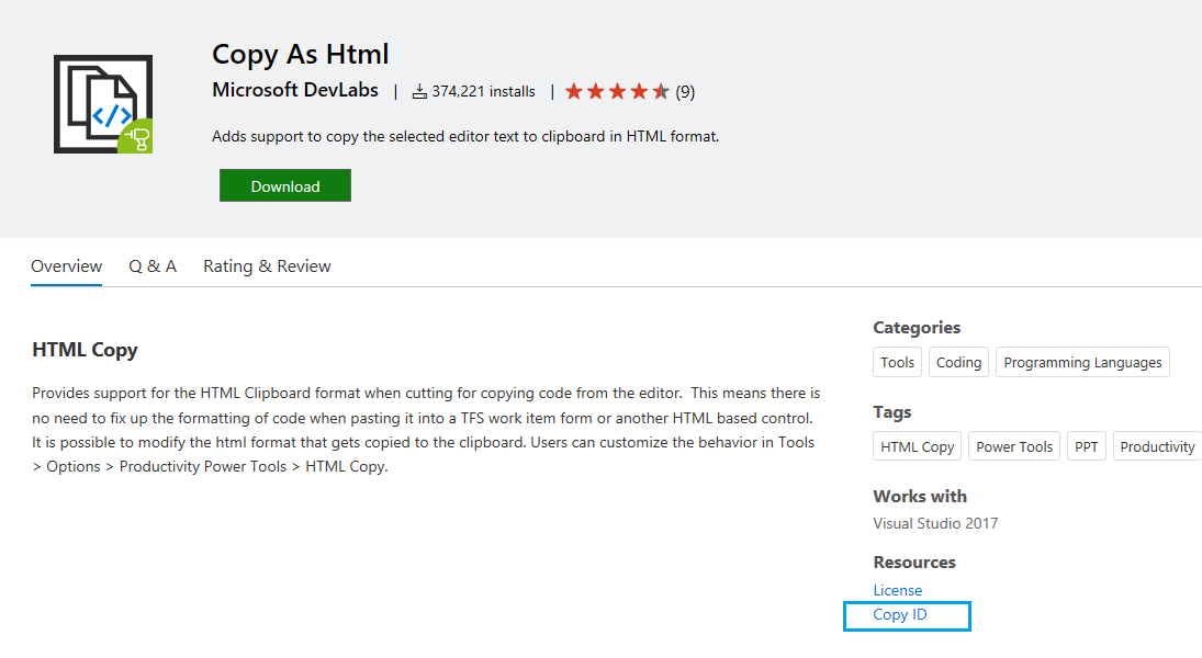 Copy VsixId from Marketplace