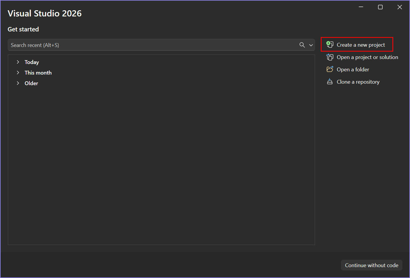 Zrzut ekranu przedstawia okno uruchamiania programu Visual Studio. Opcja Utwórz nowy projekt jest wyróżniona.