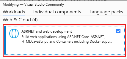 Screenshot shows modifying a workload in Visual Studio Installer.