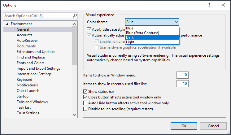 Zrzut ekranu przedstawiający zmianę motywu kolorów na ciemny w programie Visual Studio.
