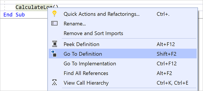 Zrzut ekranu przedstawiający przechodzenie do definicji w programie Visual Studio 2019.