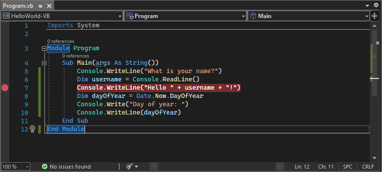 Zrzut ekranu przedstawiający punkt przerwania w wierszu kodu w programie Visual Studio.
