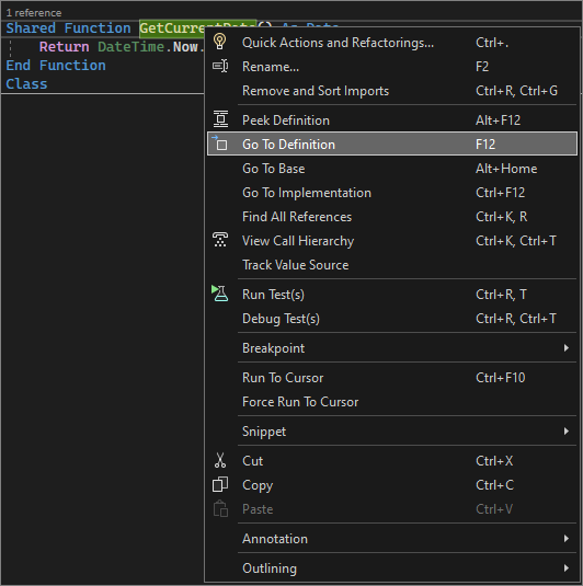 Zrzut ekranu przedstawiający przechodzenie do definicji w programie Visual Studio.