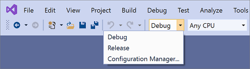 Selektor konfiguracji kompilacji w programie Visual Studio 2019.
