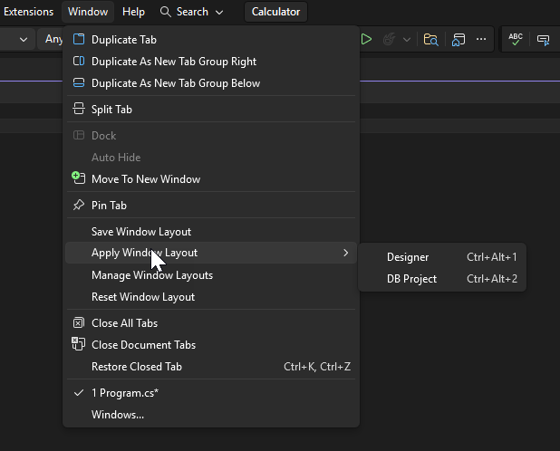 Zrzut ekranu przedstawiający menu Zastosuj układ okna.