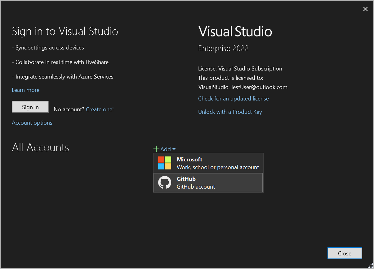 Zrzut ekranu przedstawiający opcję Dodaj konto usługi GitHub.