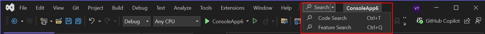 Zrzut ekranu przedstawiający pole wyszukiwania w programie Visual Studio 2022.