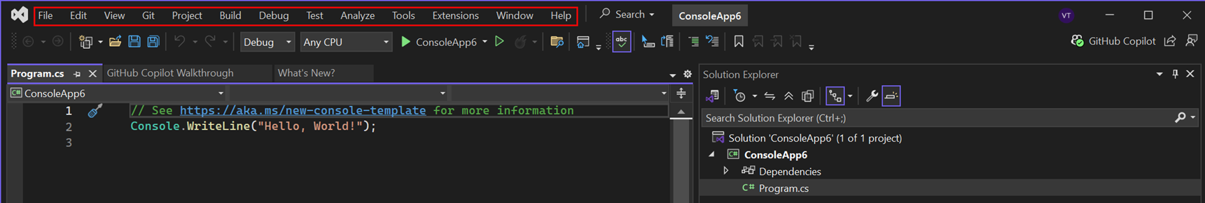 Zrzut ekranu przedstawiający pasek menu w programie Visual Studio 2022.