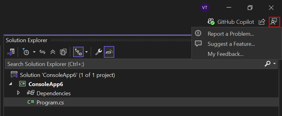 Zrzut ekranu przedstawiający przycisk Wyślij opinię i menu w programie Visual Studio 2022.