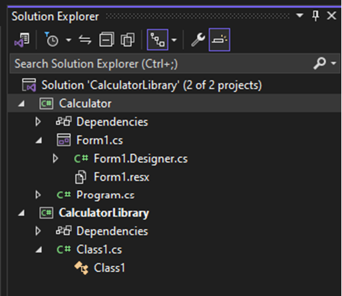 Zrzut ekranu przedstawiający dwa projekty w Eksploratorze rozwiązań programu Visual Studio.