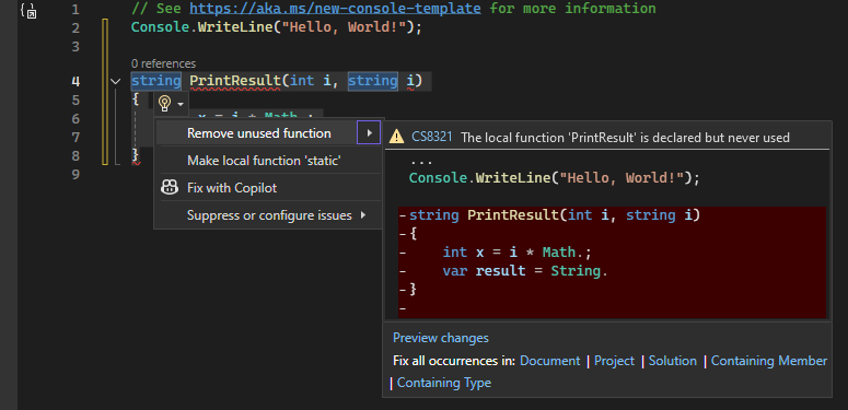 Zrzut ekranu przedstawiający szczegóły rekomendacji Szybkie działanie z ikoną żarówki w programie Visual Studio.