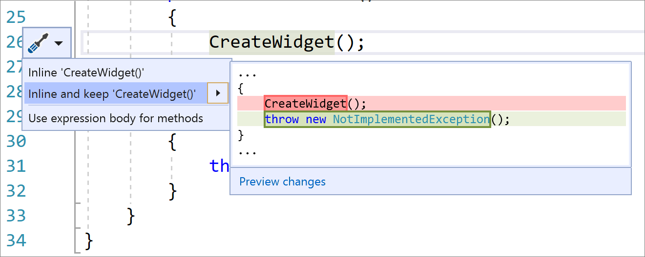  Zrzut ekranu przedstawiający menu Szybkie akcje i refaktoryzacje w Visual Studio z funkcją Konwertuj element 
