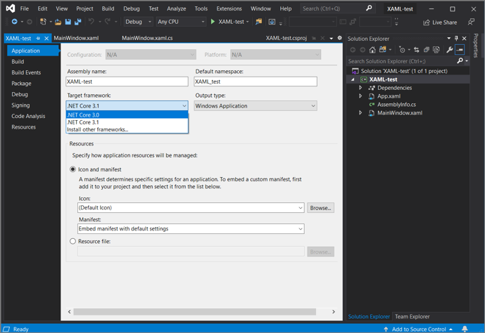 Screenshot of the Application dialog box showing the options in the Target framework drop-down.