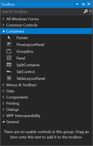 Screenshot of the Toolbox window showing the options in the Containers section.