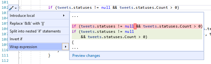 Screenshot of the Quick Actions and Refactorings menu in Visual Studio with Wrap expression selected and C# code changes shown.