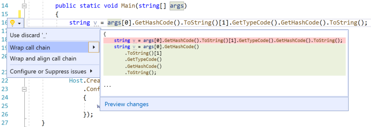 Screenshot of the Quick Actions and Refactorings menu in Visual Studio with Wrap call chain selected and C# code changes shown.