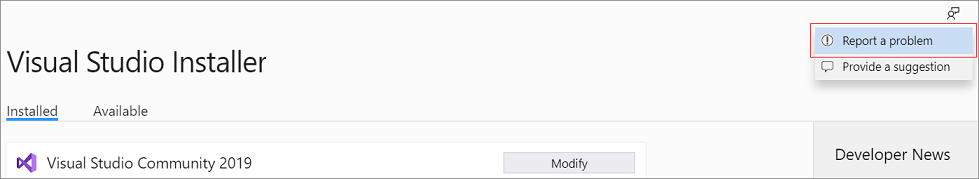 Zrzut ekranu przedstawiający przycisk Prześlij opinię w Instalator programu Visual Studio.