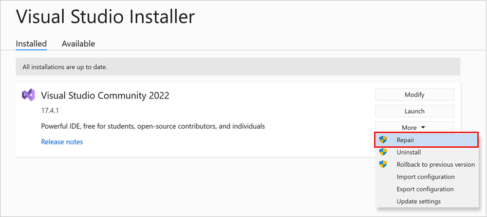 Zrzut ekranu przedstawiający opcję Napraw w menu rozwijanym Więcej Instalator programu Visual Studio.