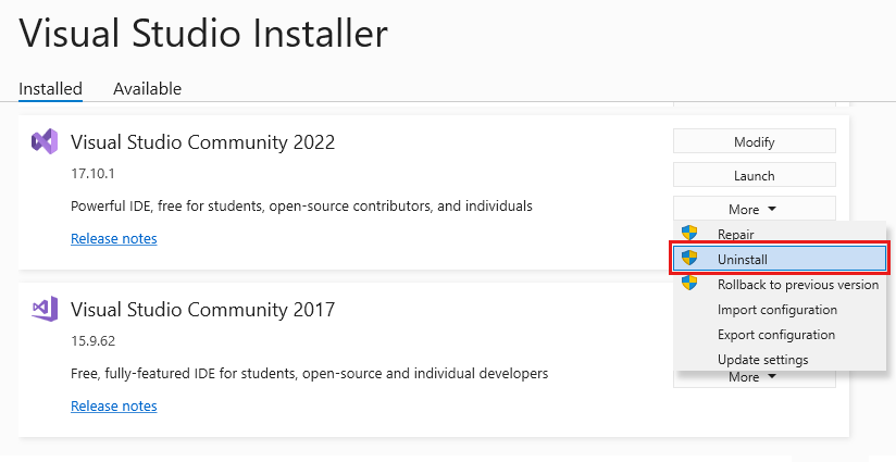 Zrzut ekranu przedstawiający sposób odinstalowywania programu Visual Studio przy użyciu Instalatora programu Visual Studio.