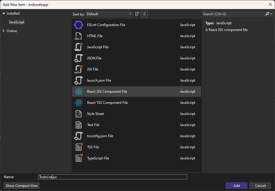 Zrzut ekranu przedstawiający dodawanie składnika JSX.