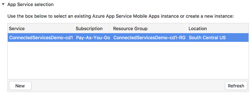 Select an app service from the list Select an app service from the list