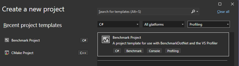 Zrzut ekranu przedstawiający szablon BenchmarkDotNet w programie Visual Studio.