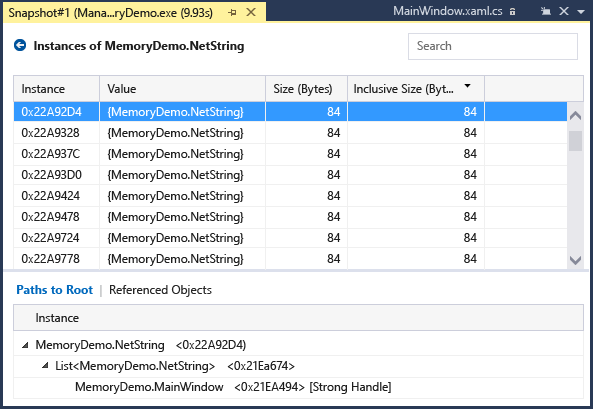 Screenshot of the Instances view in the Memory Usage tool.