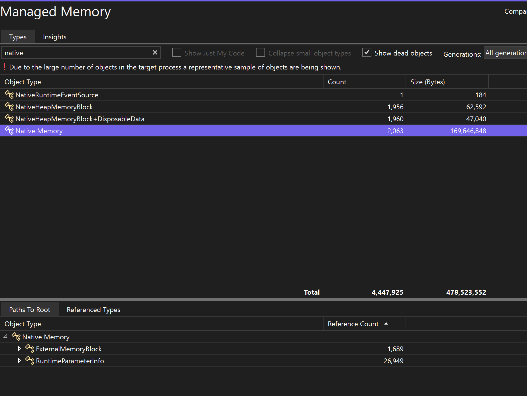 Screenshot of the native insight view in the Memory Usage tool.
