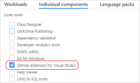 Zrzut ekranu przedstawiający sposób wybierania rozszerzenia GitHub w Instalator programu Visual Studio.