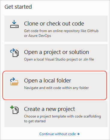 Zrzut ekranu przedstawiający sposób wybierania opcji Otwórz folder lokalny po uruchomieniu programu Visual Studio.