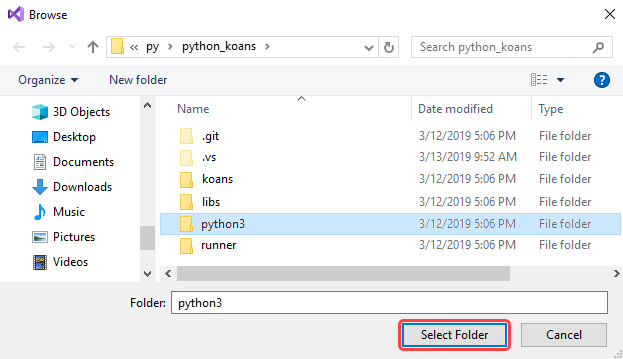 Zrzut ekranu przedstawiający sposób wybierania folderu lokalnego, który ma istniejący kod języka Python w programie Visual Studio.