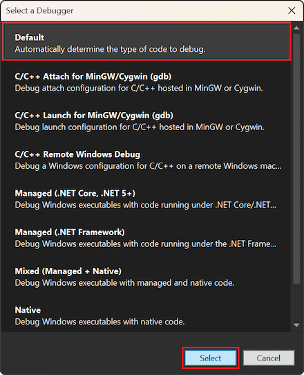 Zrzut ekranu przedstawiający sposób wybierania domyślnego debugera w oknie dialogowym Wybieranie debugera w programie Visual Studio 2022.