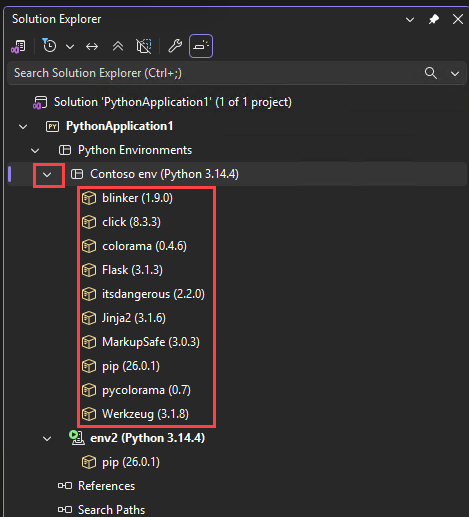 Screenshot przedstawiający pakiety Python dla środowiska w Eksplorator rozwiązań w Visual Studio.