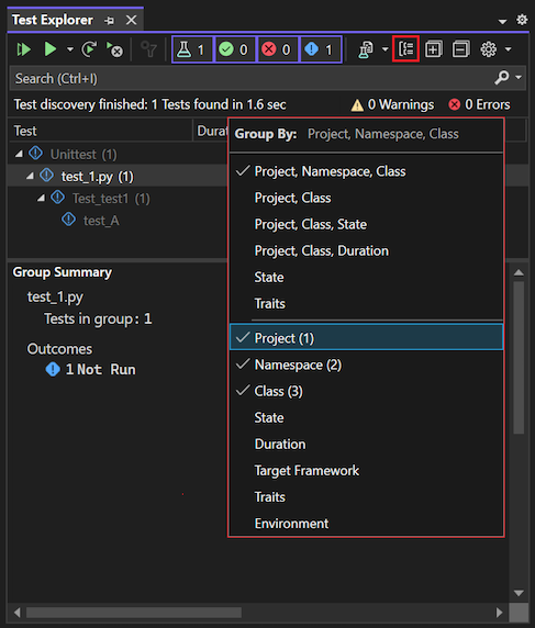 Zrzut ekranu przedstawiający sposób organizowania widoku testów w Eksploratorze testów przy użyciu opcji Grupuj według w programie Visual Studio 2022.