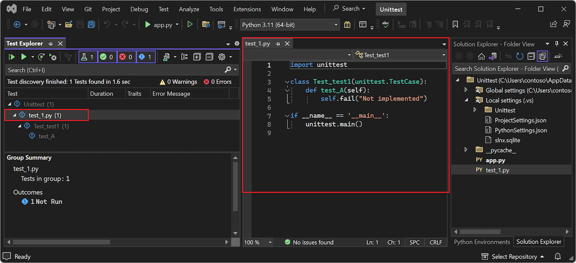 Zrzut ekranu przedstawiający widok domyślny testu w Eksploratorze testów w programie Visual Studio 2022.