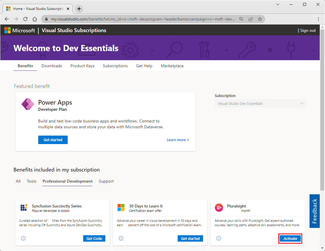 Zrzut ekranu przedstawiający kafelek korzyści firmy Pluralsight na karcie Korzyści subskrypcji programu Visual Studio z wyróżnionym przyciskiem Aktywuj.