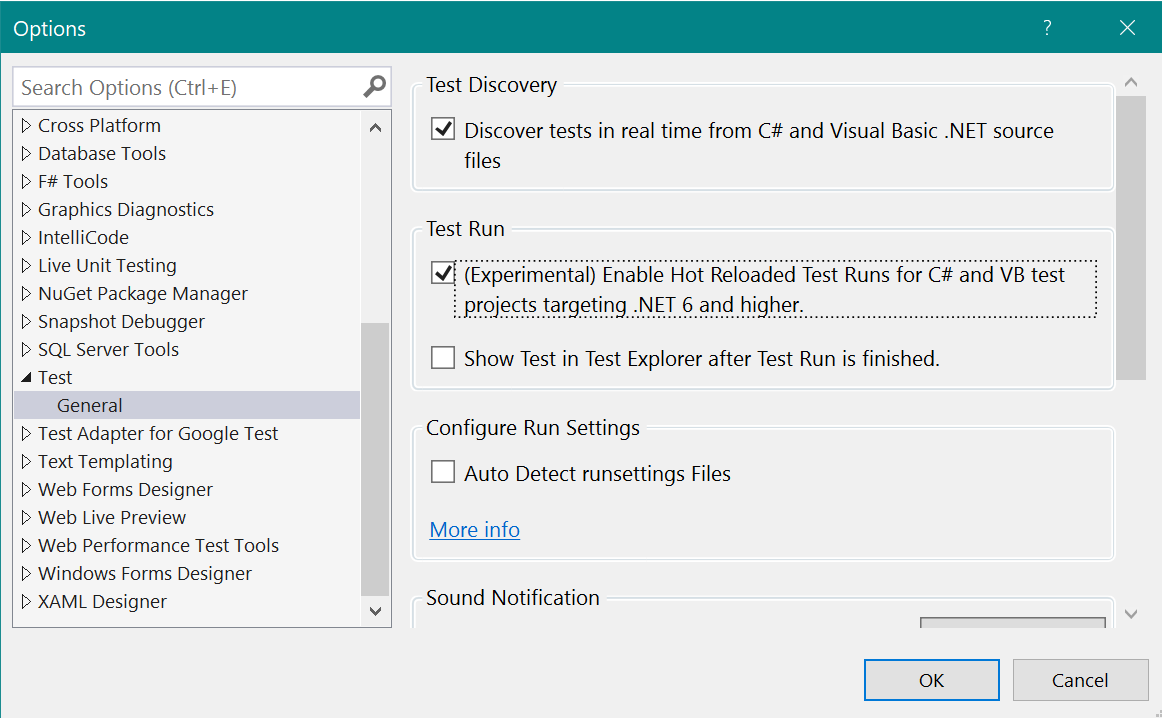 Screenshot of the Enable Hot Reloaded Test Runs button on the Visual Studio Test Options page. When this is selected, tests execution will use hot reload for supported scenarios
