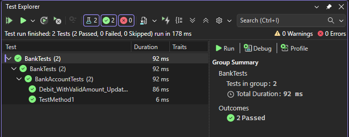 Eksplorator testów w programie Visual Studio 2019 pokazujący zaliczony test