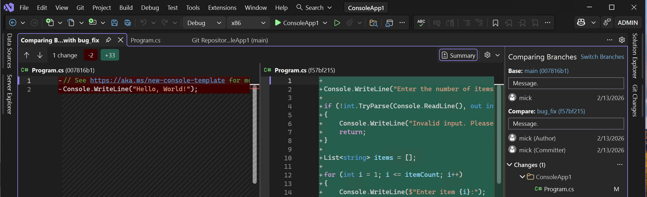 Zrzut ekranu przedstawiający sposób porównywania gałęzi przy użyciu widoku różnic.