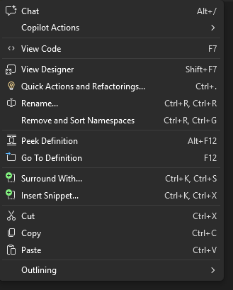 Zrzut ekranu przedstawiający menu kontekstowe edytora kodu XAML po kliknięciu prawym przyciskiem myszy w programie Visual Studio.